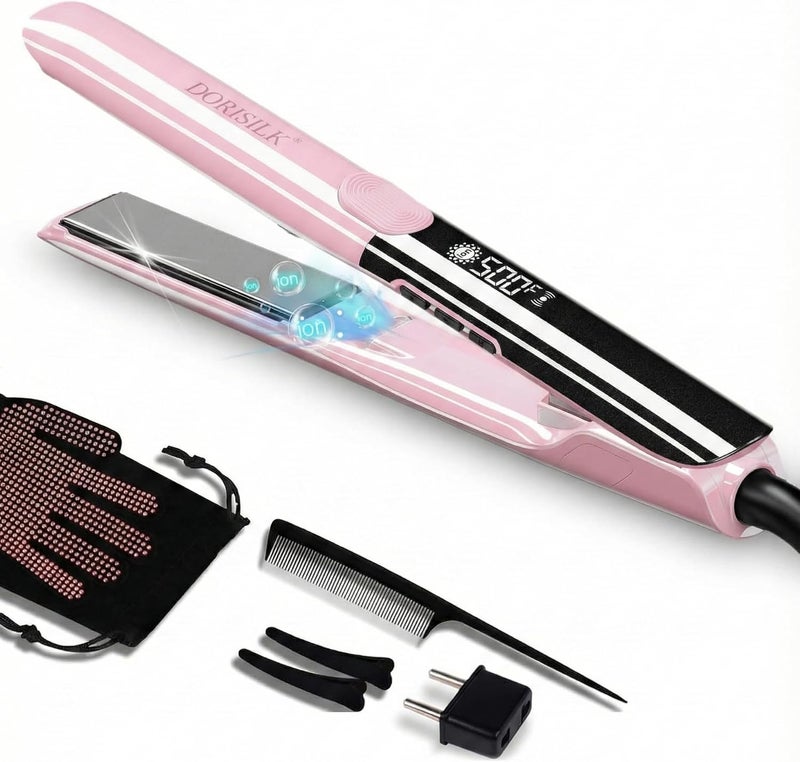 DORISILK 500 Degree High Temp Professional Hair Straightener，30s Fast Heating Ceramic Flat Iron ，2 in 1 Hair Straightener and Curler，Plasma Flat Iron Get Frizz-Free and Shiny(Pink) - Image 1